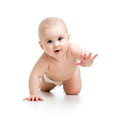 pretty crawling baby girl isolated on white background