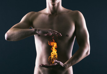 Pain in the abdomen or in the stomach of man. Heartburn. - obrazy, fototapety, plakaty