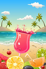 Summer poster with fresh fruit and drinks