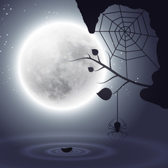 Halloween background with moon and spider.