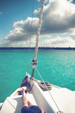 Catamaran Sailing Boat near Saona, Carribean Sea
