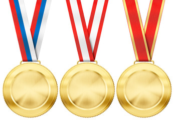gold medal set with various ribbon type isolated on white