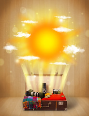 Summer bright sun with clouds and tourist bag