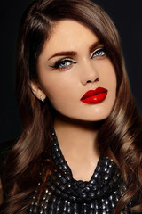 sexy stylish woman model with bright makeup with red lips