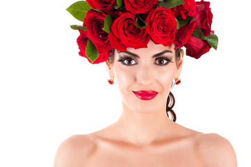 portrait of beauty fashion model with red roses hairstyle