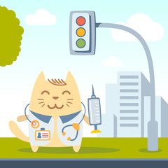 Character doctor in medical coat with a stethoscope colorful fla