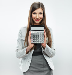 Woman accountant show calculator. Young business woman.