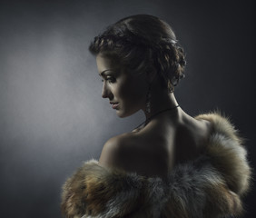 Woman beauty in luxury fox fur coat, beautiful retro girl