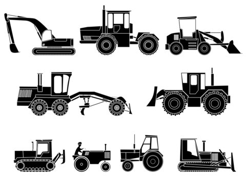 Set of icon heavy machines in black and white style.