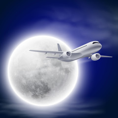 Fototapeta premium Airplane in the night sky with moon.