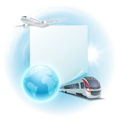 Concept travel illustration with airplane, train, globe and note