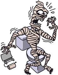 Scared Mummy seated on a toilet with no paper