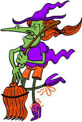 Halloween witch dancing with her broom