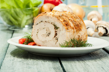 Pork lion roll stuffed with mushrooms