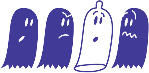 A group of cute ghosts reacting with surprise, fear and indignation when finding a condom among them which pretends to be one ghost more and when feels discovered acts as if nothing was wrong