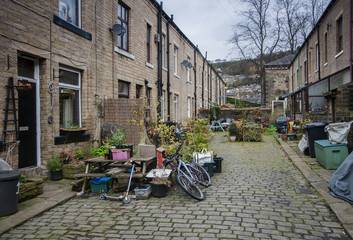 cluttered cobbled street