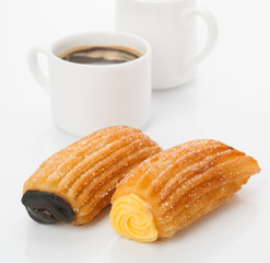 coffee breakfast with hotcakes stuffed on white background