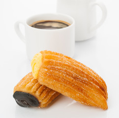 coffee breakfast with hotcakes stuffed on white background