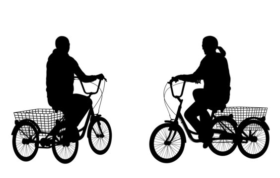 young woman riding tricycle silhouettes - vector