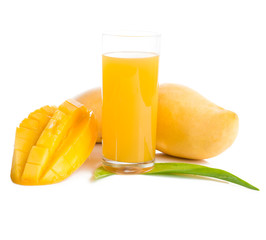 Glass of fresh mango smoothie on white.