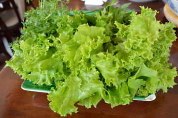 fresh green lettuce on wooden table