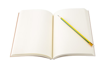 Blank open notebook and pencil on white background.