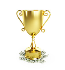 gold trophy cup dollar on a white background