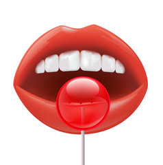 mouth with white teeth and candy on a white background