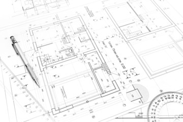 Blueprint and pencil