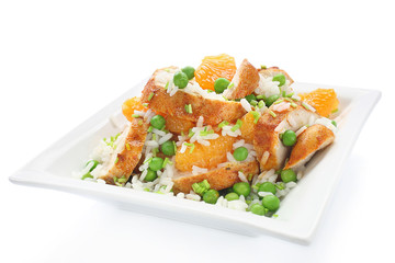 Salad with chicken, rice, mandarin and green peas