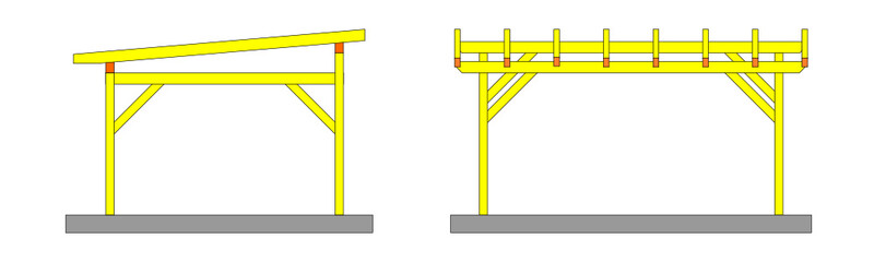 Two sketches yellow wooden pergolas with no covering - vector - obrazy, fototapety, plakaty