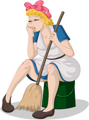Tired Woman With Broom Sitting On Bucket - 62936813