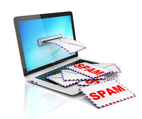 spam e-mail 3d concept - envelopes and laptop
