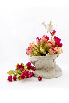 Roses and small watering pot in fabric vase on white