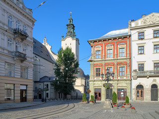 The corner of Market Square and view of Latin Cathedral in Lviv