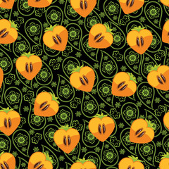 Seamless pattern of persimmon in Heart and Paisley ornament
