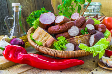 assortment meats sausage bacon green