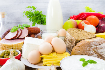 Composition grocery products dairy vegetables fruits meat