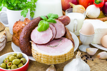 composition variety grocery products meat dairy