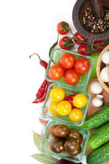 Fresh ingredients for cooking: tomato, cucumber, mushroom and sp