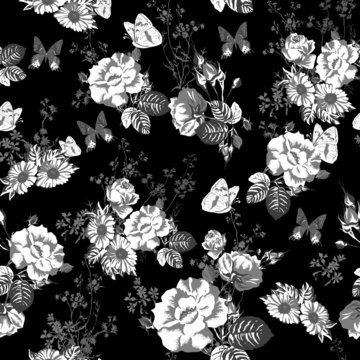 Vintage monochrome roses pattern
