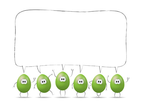 Lustige gr&uuml;ne Ostereier mit Sprechblase "Frohe Ostern!"