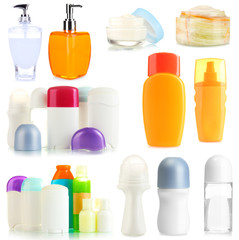 Collage of cosmetic bottles isolated on white