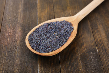 Poppy seeds in spoon on table close-up