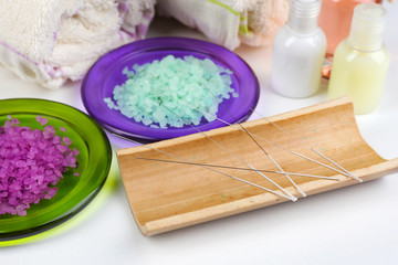 Composition with needles for acupuncture, close up.