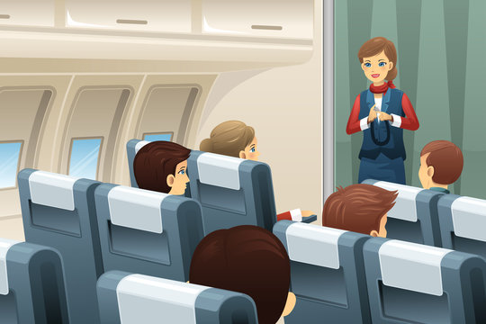 Flight attendant demonstrate how to fasten the seat belt