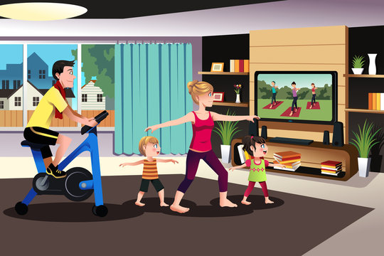 Healthy family exercising together