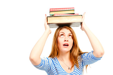 literature lies on the head of a beautiful student