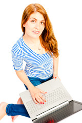 charming girl with a computer on white background