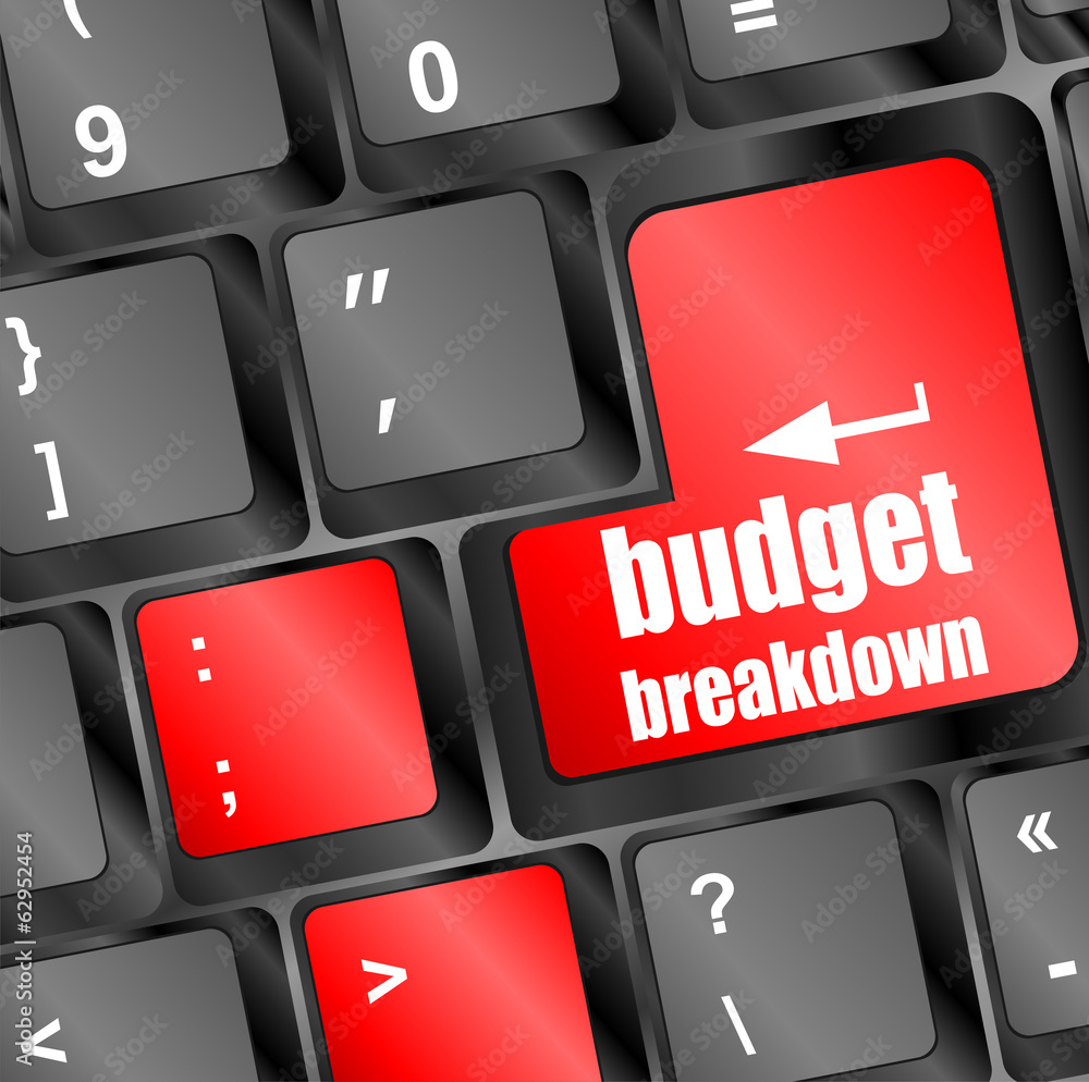 Poster budget breakdown words on computer pc keyboard keys